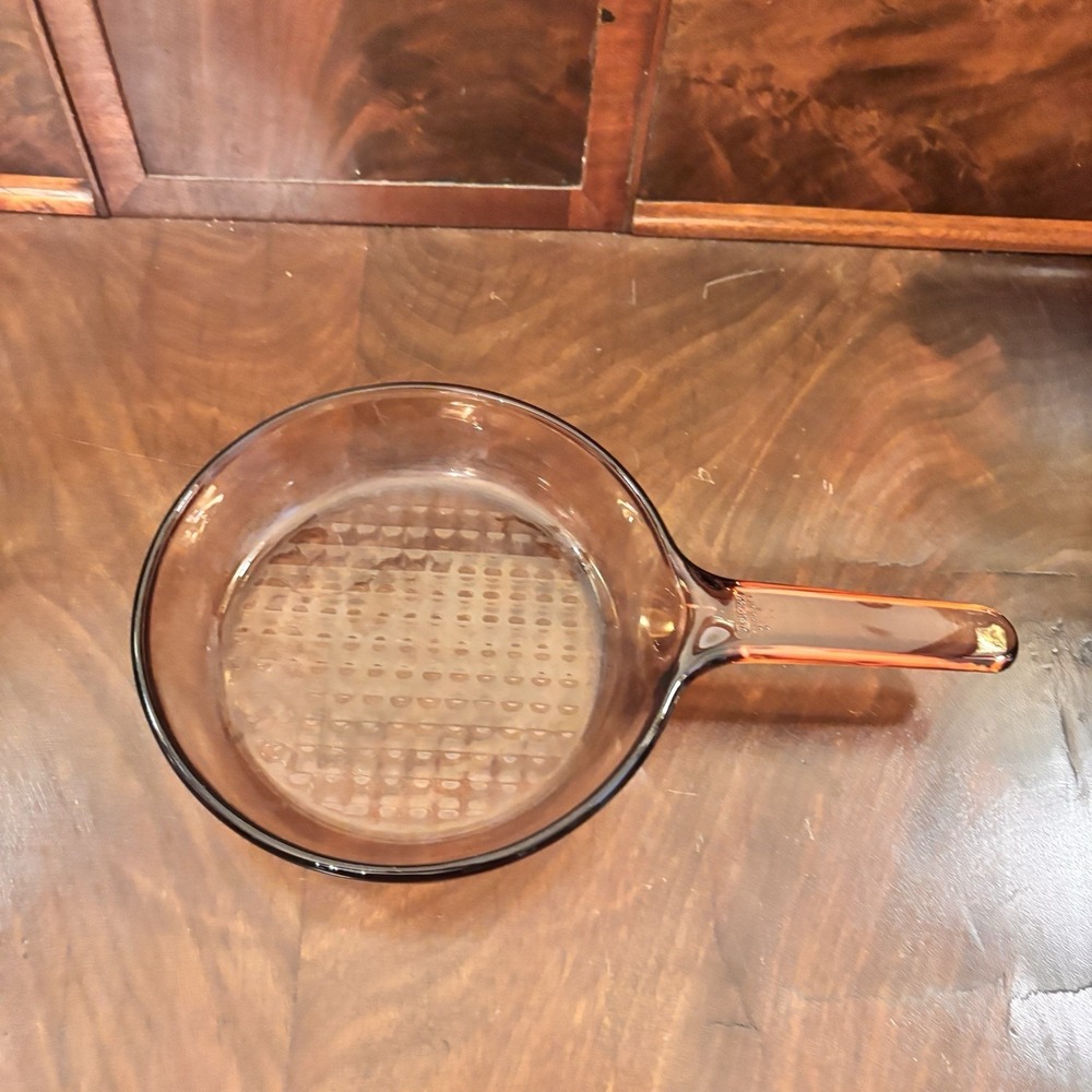Vintage Corning Visions Amber 7" Skillet Fry Pan Waffle Bottom Glass Cookware